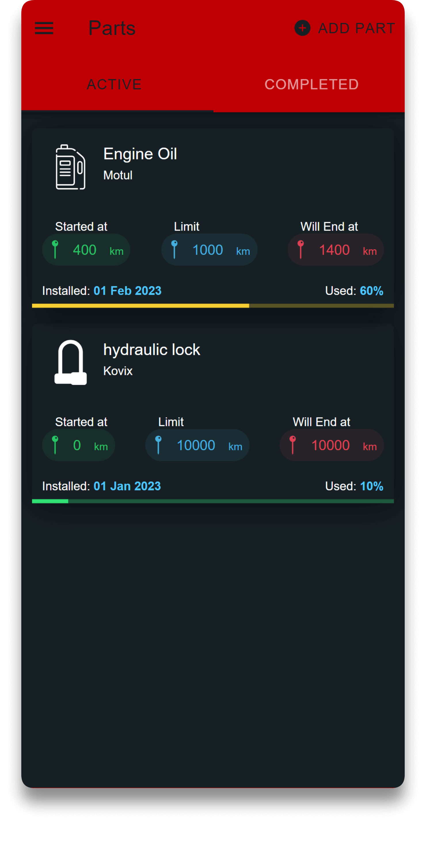 MyBikes.App: Motorcycle Manager app parts feature