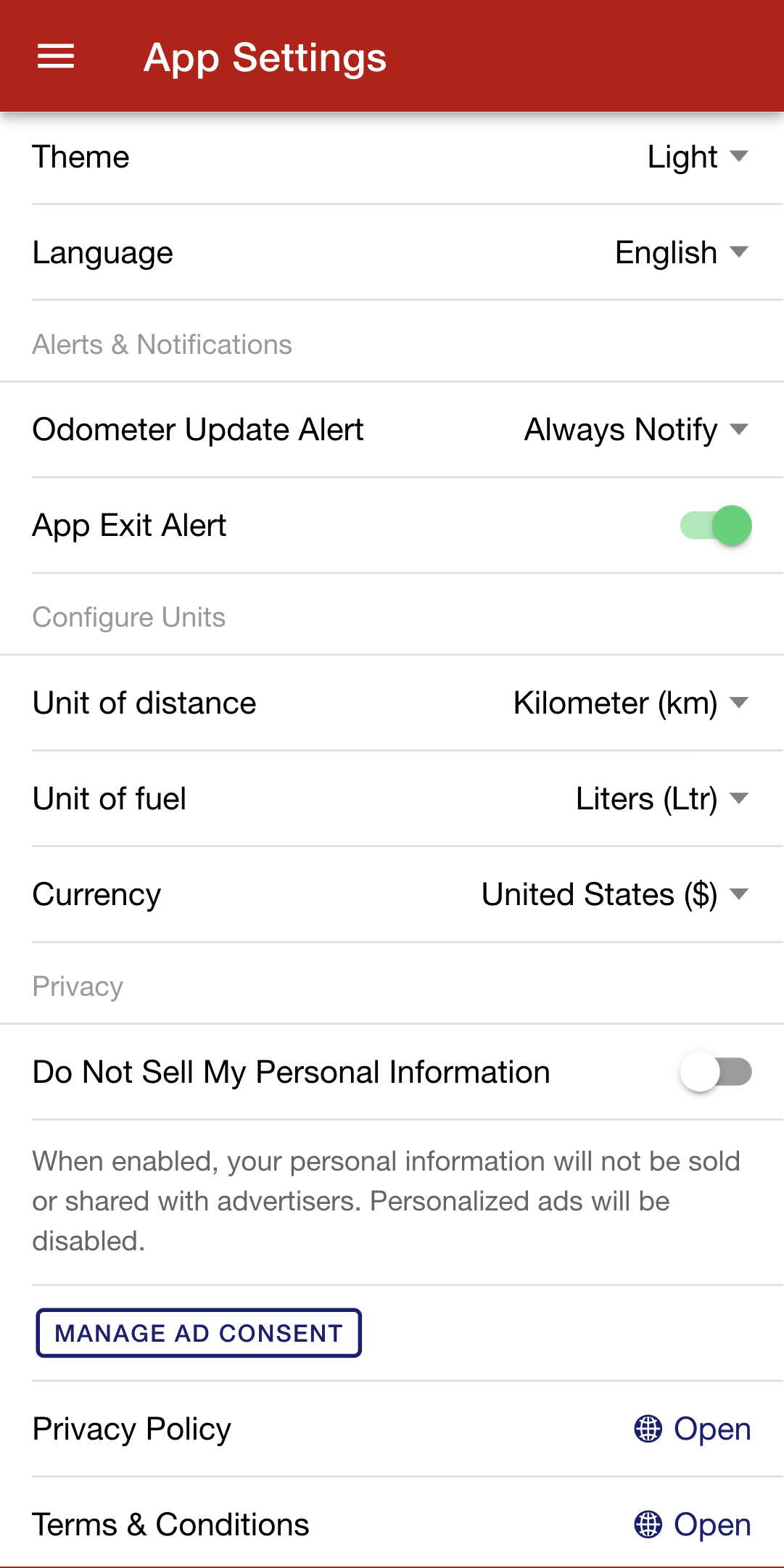 MyBikes.App: Motorcycle Manager app settings