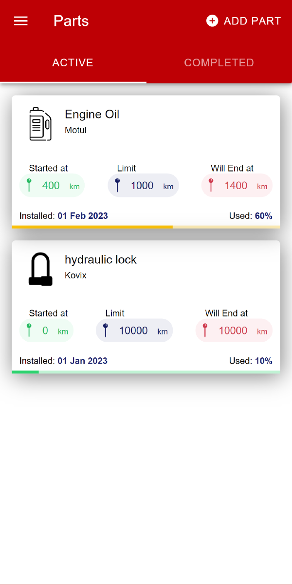 MyBikes.App: Motorcycle parts tracking feature