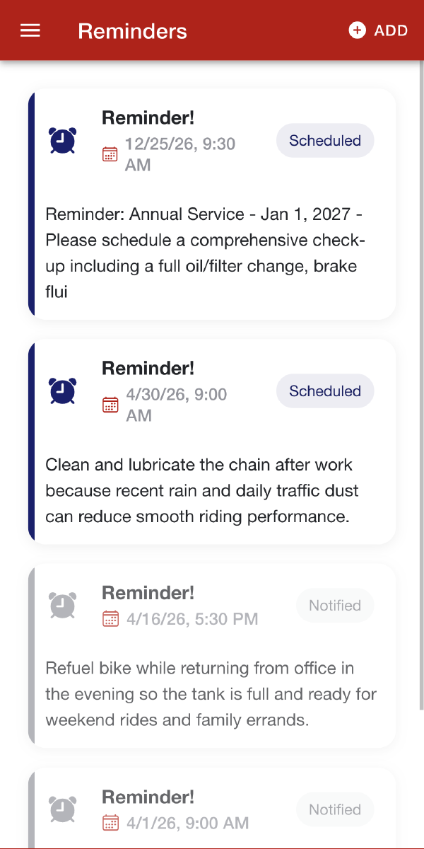 MyBikes.App: Motorcycle maintenance reminder feature