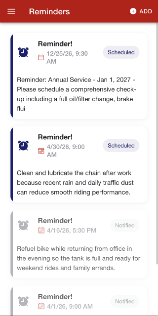 MyBikes.App: Motorcycle maintenance reminder feature